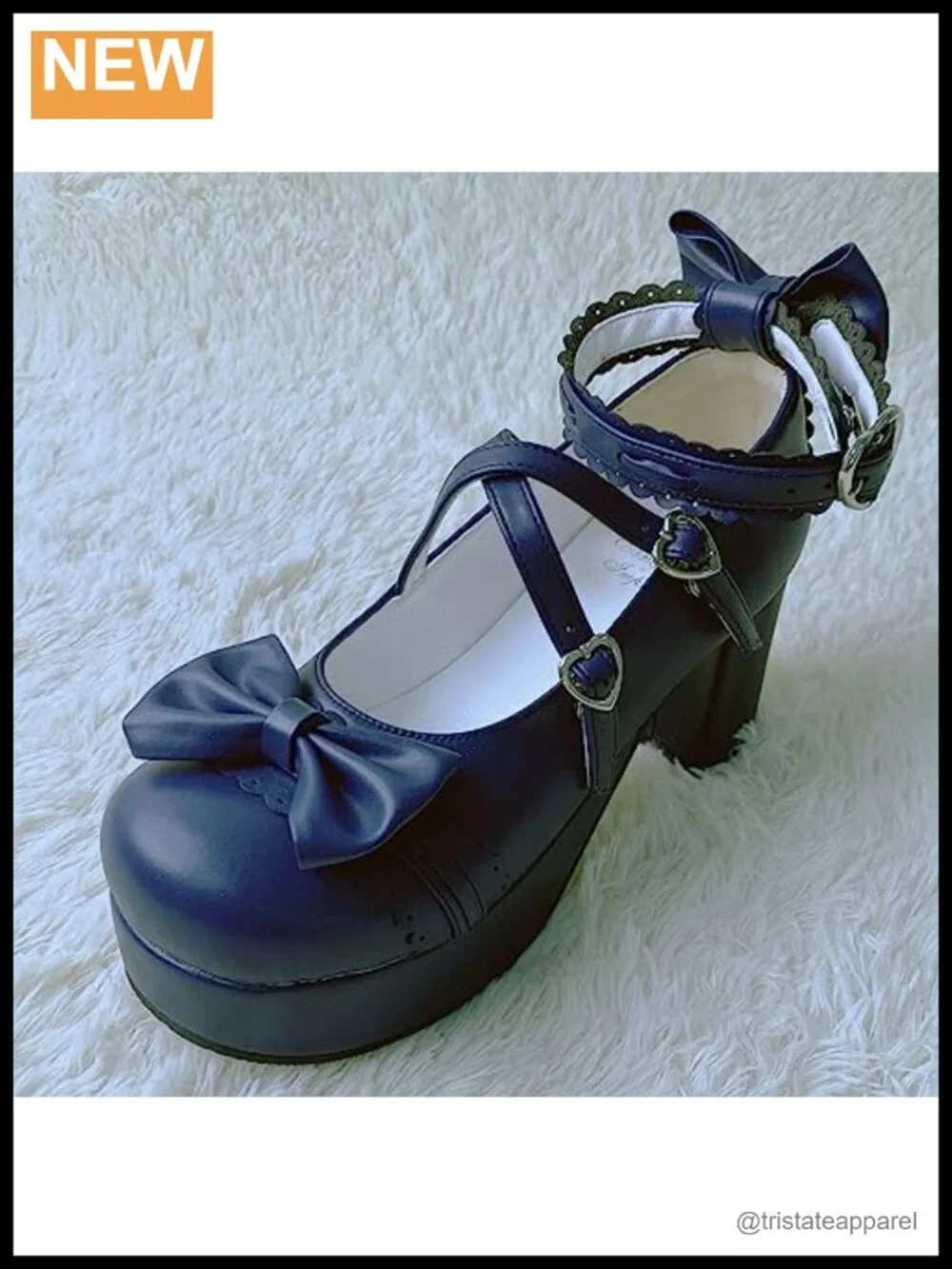 Lolita Platform Heels Ankle Strap Pumps Faux Leather Chunky Block Heel